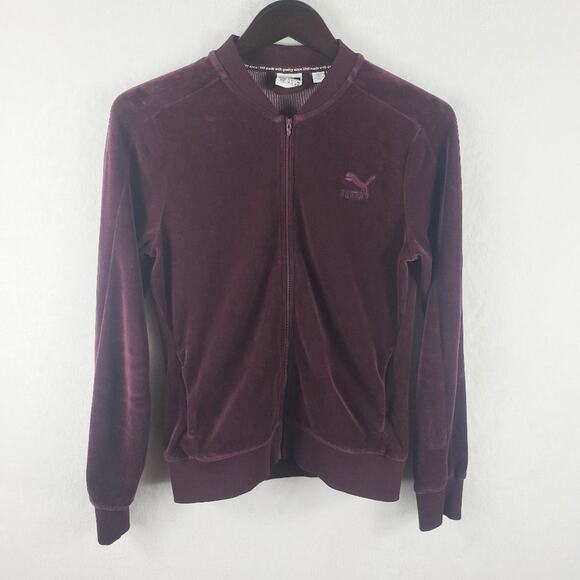 Puma Velour Track Jacket Women M Burgundy Full Zip Long Sleeve Pockets Cozy - Picture 3 of 8